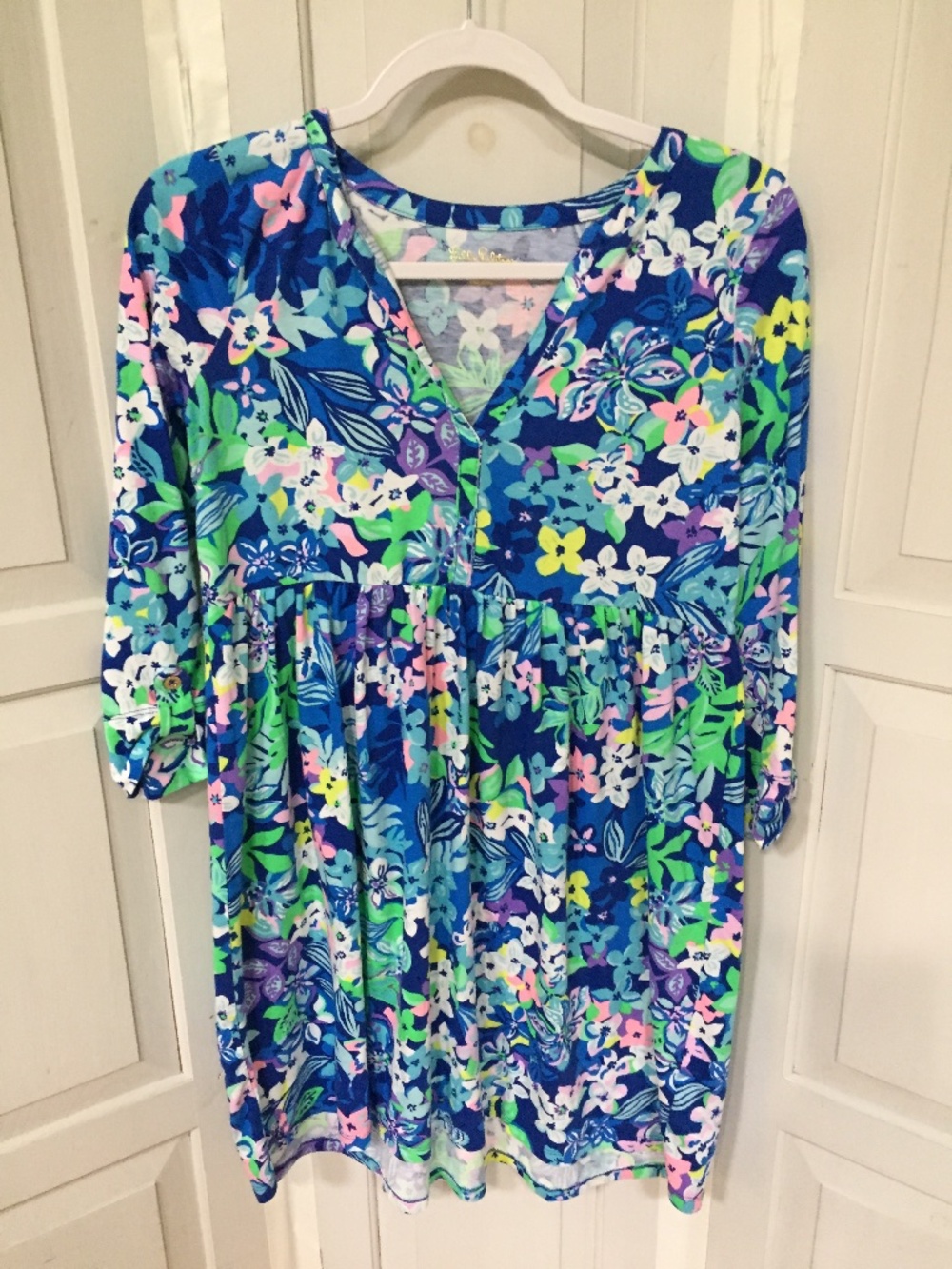 Lilly Pulitzer Blue Floral Mini Dress with Pink, Green & White Accents